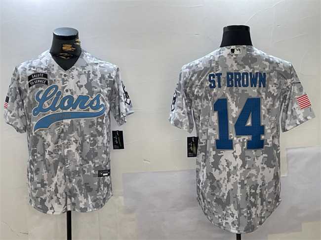 Men%27s Detroit Lions #14 Amon-Ra St. Brown 2024 Arctic Camo Salute To Service Stitched Baseball Jersey